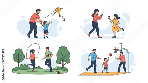 Set of family activity illustrations showing parents and children playing sports flying kites and taking photos outdoors.