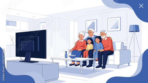 Happy extended family including grandparents and children sitting together on a couch watching a program on a large television.