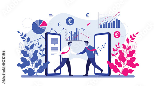 Professional business partners stepping out of giant smartphones to shake hands and close a deal for global financial growth.