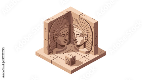 Ancient roman deity sculpture in isometric style with two faces