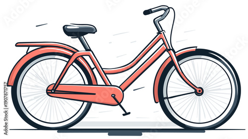 A cartoon bicycle in coral, with dark outlines, white spokes, and a black seat and tires