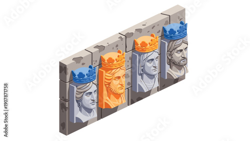Isometric medieval kings carved in stone with crown accents