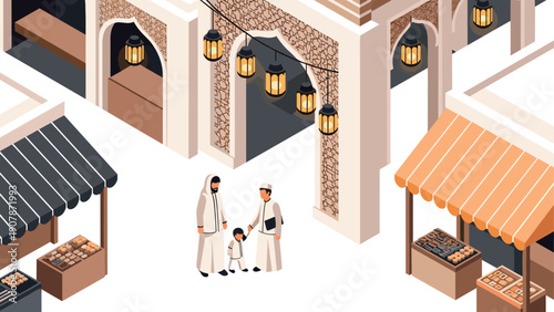Isometric marketplace with lanterns and traditional architecture