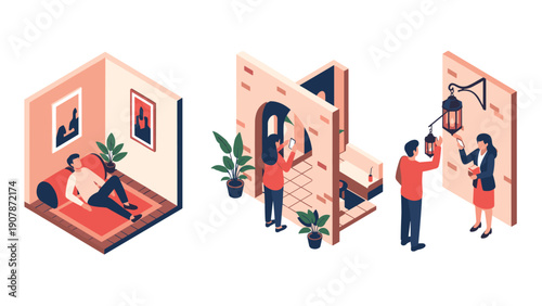 Isometric home interior scenes with people interacting in cozy rooms