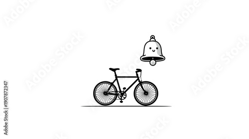 Black and white illustration of a bicycle, a smiling bell above it, set against a white background
