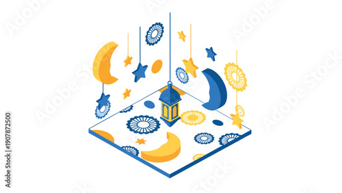 Isometric hanging lantern with moons and stars in geometric style