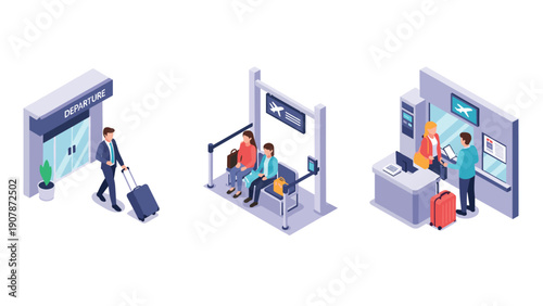 Isometric airport scenes: departure, waiting, and check-in activities