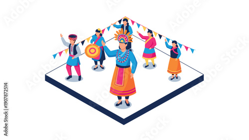 Isometric cultural dance celebration with joyful traditional costumes and festive decorations