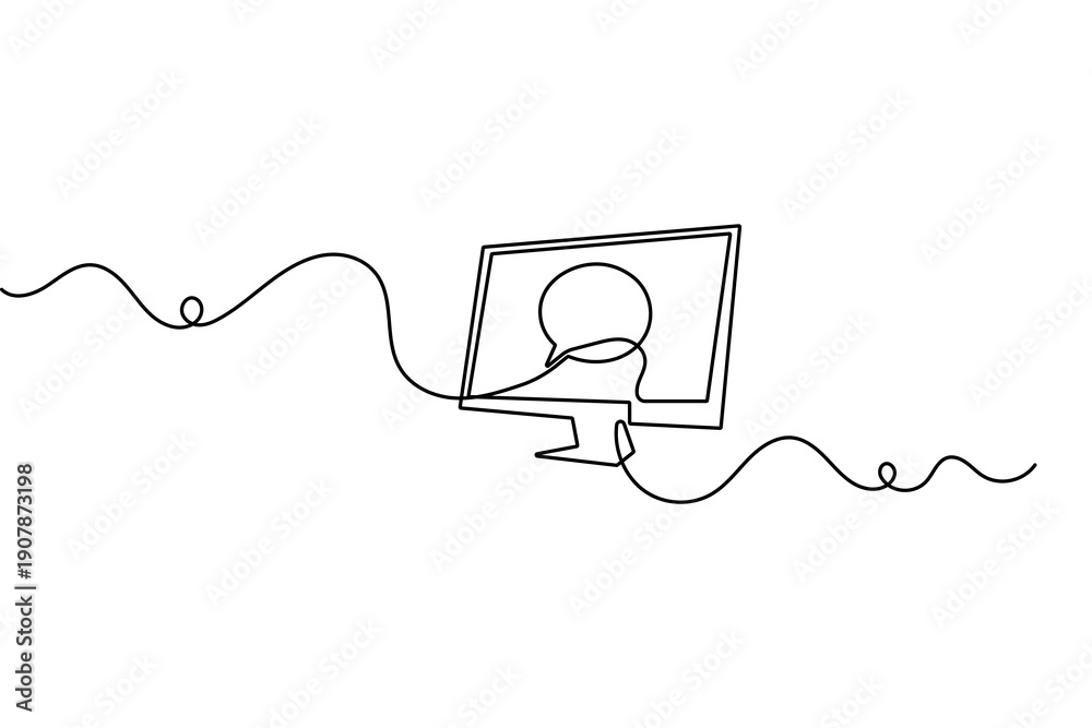 Obraz premium Desktop screen monitor continuous line illustration for minimalist workspace graphic design