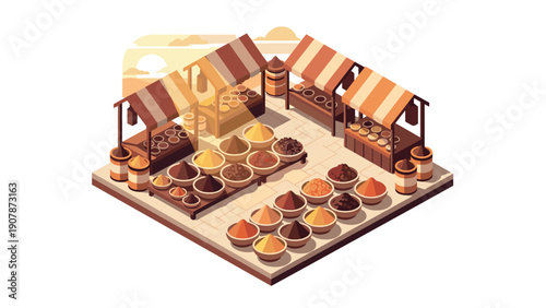 Isometric marketplace with colorful spice stalls and striped awnings at sunset