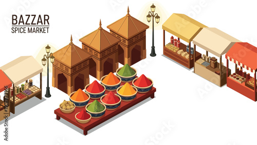 Isometric bazaar scene with colorful spice stalls and market stands
