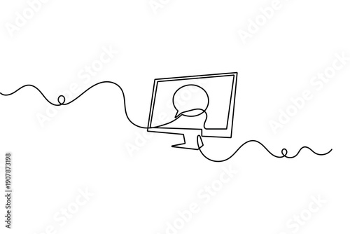 Desktop screen monitor continuous line illustration for minimalist workspace graphic design