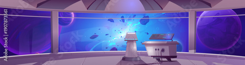 Spaceship cockpit interior with control panels