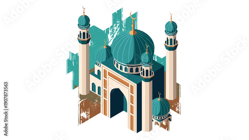 Isometric mosque architecture with teal domes and minarets on abstract background