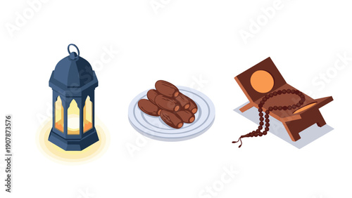 Ramadan lantern, dates, and quran stand with prayer beads isometric design