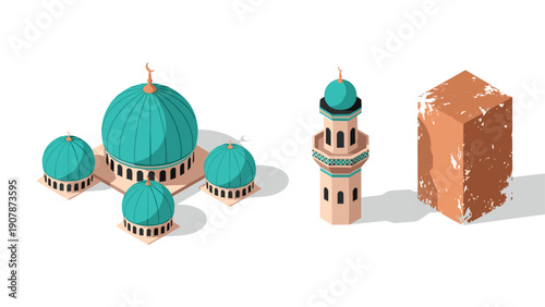 Isometric mosque and minaret with rose brick illustration