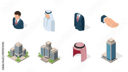 Isometric business icons and middle eastern elements collection