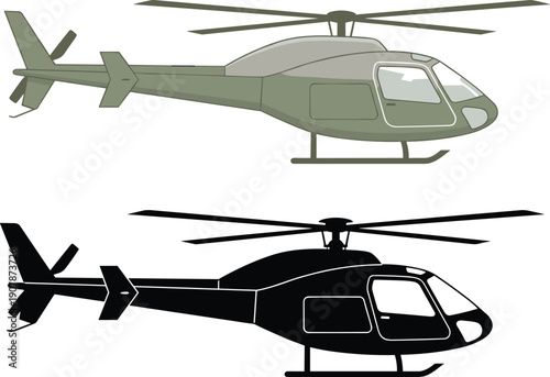 PrintVector illustration of a modern helicopter in side view presented in flat color and black silhouette isolated on white background,