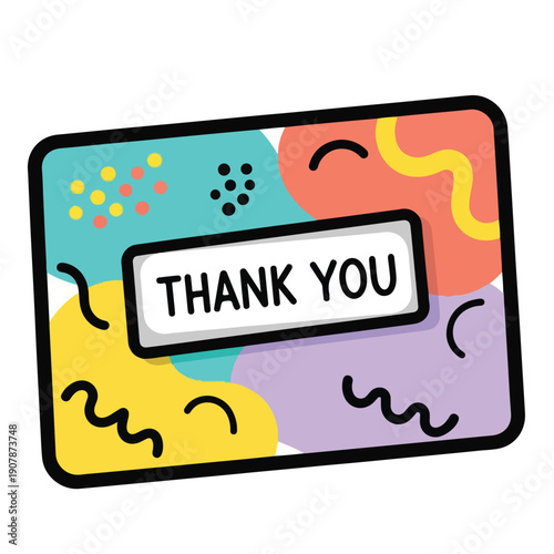 Vibrant thank you card illustration with abstract shapes and squiggles from a top view