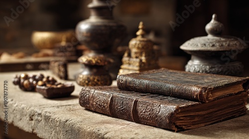 bound. Ancient leather-bound scriptures on a stone altar with soft light. event programs, museum guides, designed for cultural heritage projects and event programs, elevates cultural identity.