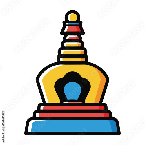 A stylized illustration of a Buddhist stupa with colorful layers and a golden finial