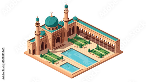 Isometric mosque with courtyard and pools, middle eastern architecture
