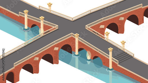 Isometric brick bridge over water with detailed arches and reflections