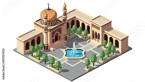 Isometric mosque architecture with courtyard and fountain