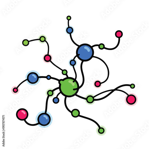 Complex network visualization with interconnected nodes and links in a digital environment from a top-down viewpoint