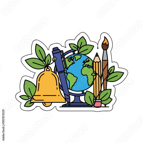 A colorful illustration of a globe surrounded by art supplies and a school bell, symbolizing education and creativity from a front viewpoint.