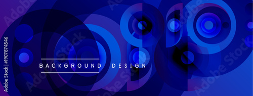 Abstract geometric shapes overlap, creating vibrant blue purple gradients. Text reads background design within central white space. Modern visual composition.