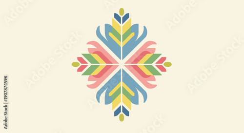 Colorful folk art floral motif, symmetrical geometric pattern, decorative element, pastel colors