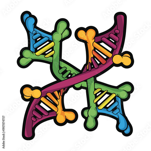 Interconnected DNA strands illustration showcasing genetic connection and molecular biology concept in a colorful and abstract representation