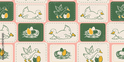 Seamless pattern with cute farm geese, nests, and Easter eggs in a hand-drawn rustic style. Ideal for nursery wallpaper, kids' apparel, scrapbook backgrounds, and seasonal branding