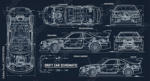 Detailed Drift Car Blueprint Diagram.