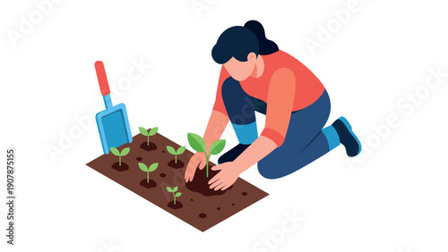 Gardener planting seedlings in soil: woman engaging in ecological gardening activity