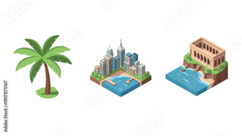 Isometric cityscape with palm tree and ancient architecture elements