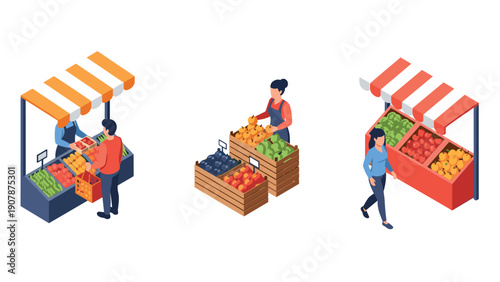 Isometric market scene with fruit stalls and customers in a vibrant urban setting