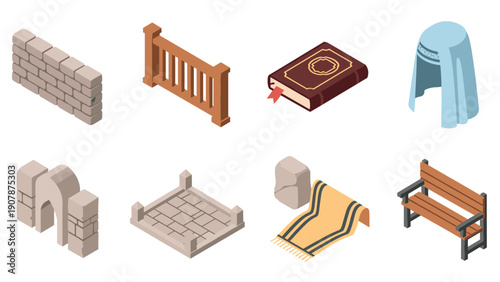 Isometric objects set: wall, fence, book, burqa, arch, platform, column, carpet, bench