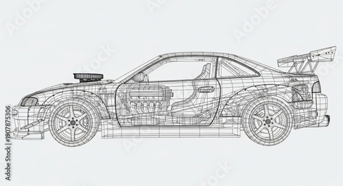 Detailed Mechanical Drawing of a Sports Car.
