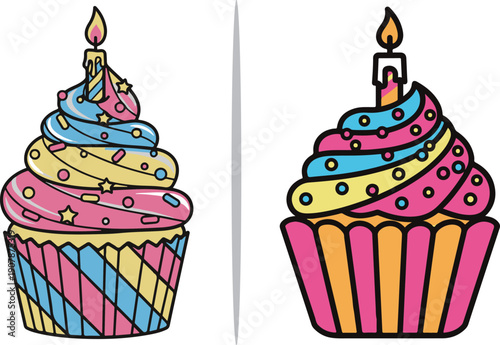 A duo of festive birthday cupcakes featuring multi-colored swirl frosting in pink, blue, and yellow, topped with stars, sprinkles, and a single lit candle in decorative striped liners.