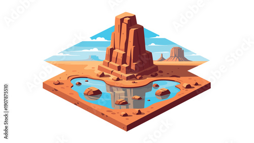 Isometric desert landscape with canyon and oasis reflection