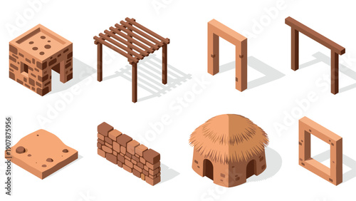 Isometric primitive architecture elements: adobe brick, thatch, clay structures