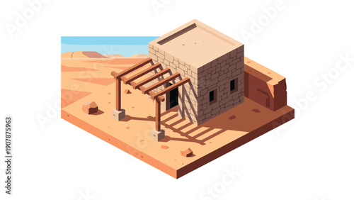 Isometric desert house: stone structure with wooden beams in arid landscape