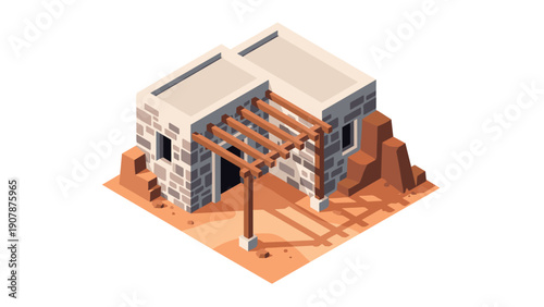 Isometric desert house with stone and wood elements on sandy terrain