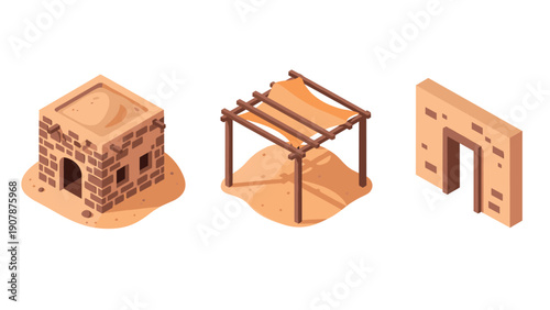 Isometric ancient middle eastern architecture elements set in sandstone tones