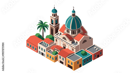 Colorful isometric mediterranean town with church and bell tower