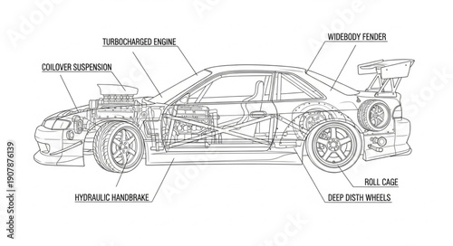 Detailed Diagram of a Sports Car Engine and Chassis Components.
