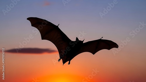 A majestic bat soaring through the sky during a vibrant sunset