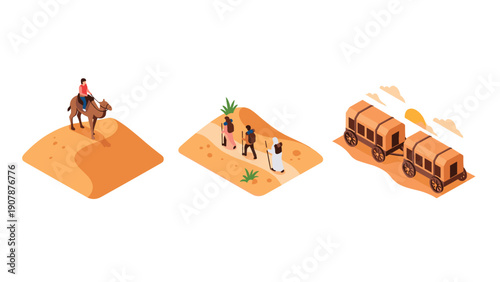 Isometric scene of desert travel with camel, hikers, and train journey at sunset